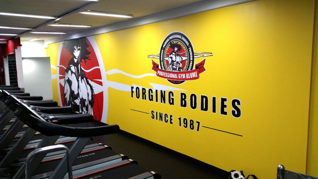 Vinilo mural impreso en gran formato en la pared de un gimnasio